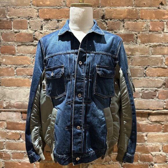 Sacai Hybrid Denim MA-1 Bomber Jacket Sz 3 – Indigo Blue / Olive Nylon Japan - Picture 1 of 8
